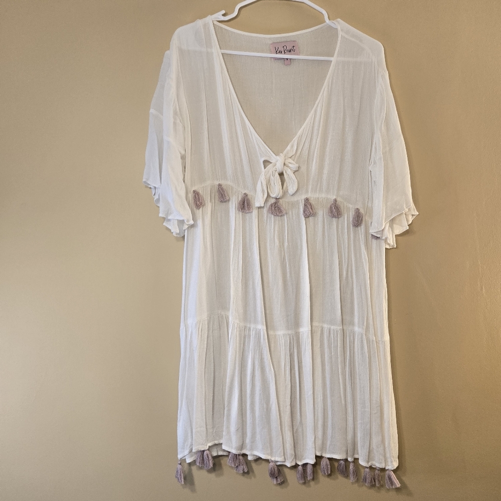 Kos Resort White Cover-Up with Tassels Small Beach